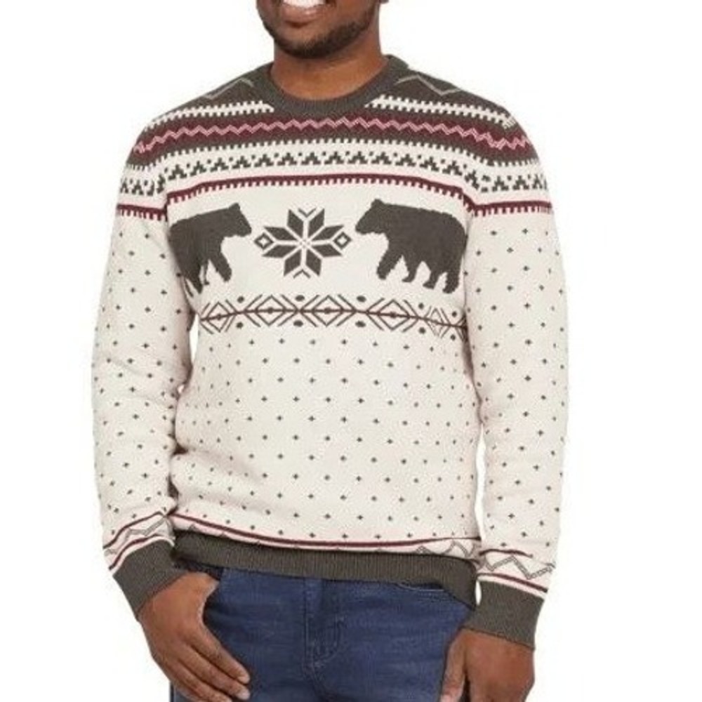 NWT Lands' End Men's L Fair Isle Bear Holiday Sweater Ivory Red Grey Cotton